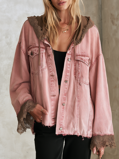 Oversized Washed Pink Hooded Denim Jacket With Frayed Lace Trim