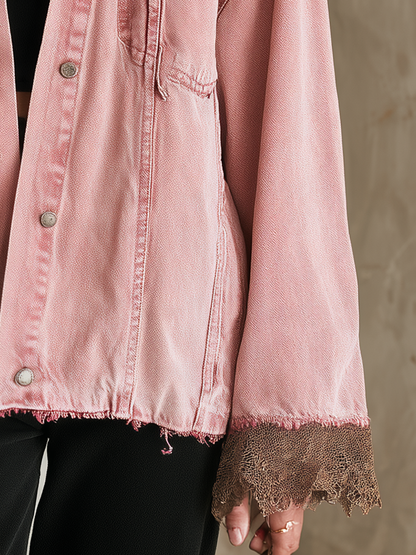 Oversized Washed Pink Hooded Denim Jacket With Frayed Lace Trim
