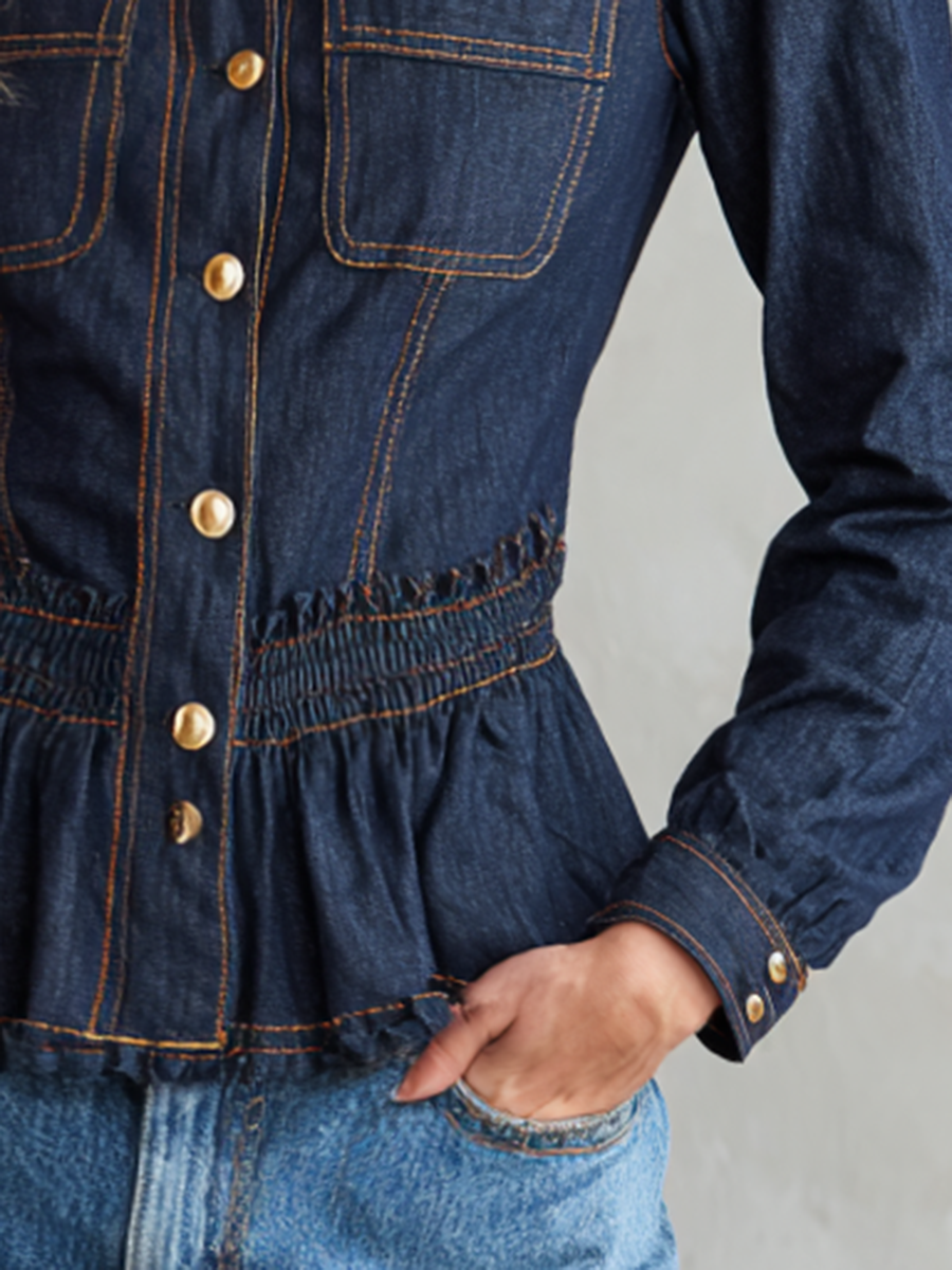 Puff Sleeve Ruffle Collar Denim Peplum Top With Gold Buttons