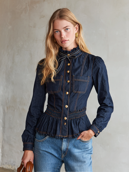 Puff Sleeve Ruffle Collar Denim Peplum Top With Gold Buttons