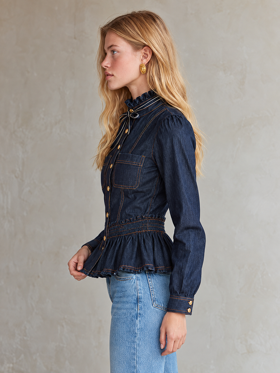Puff Sleeve Ruffle Collar Denim Peplum Top With Gold Buttons