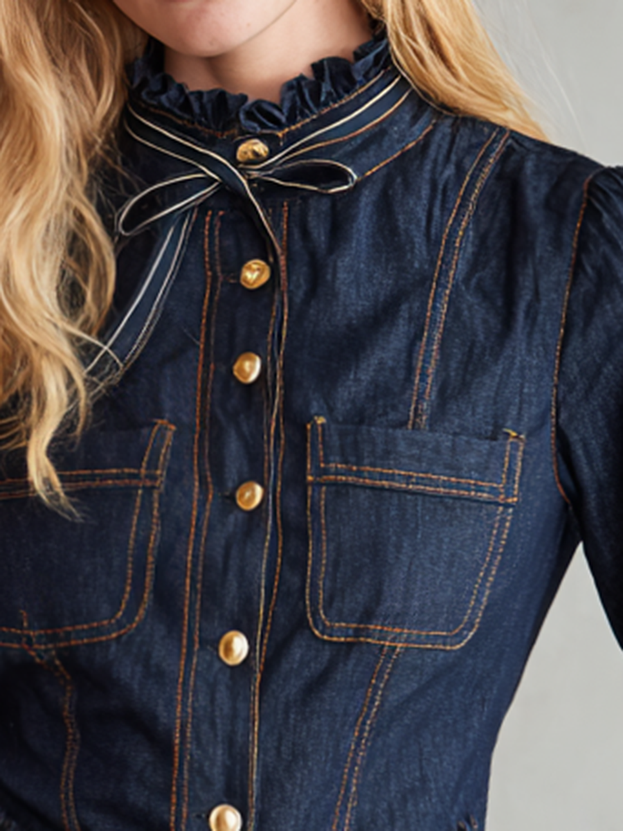 Puff Sleeve Ruffle Collar Denim Peplum Top With Gold Buttons