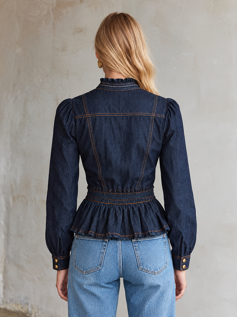 Puff Sleeve Ruffle Collar Denim Peplum Top With Gold Buttons