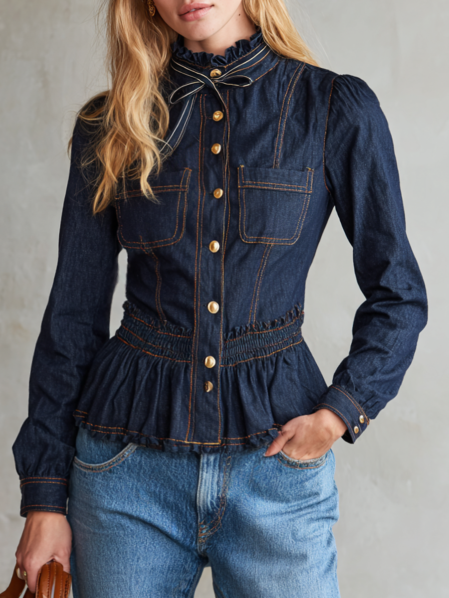 Puff Sleeve Ruffle Collar Denim Peplum Top With Gold Buttons