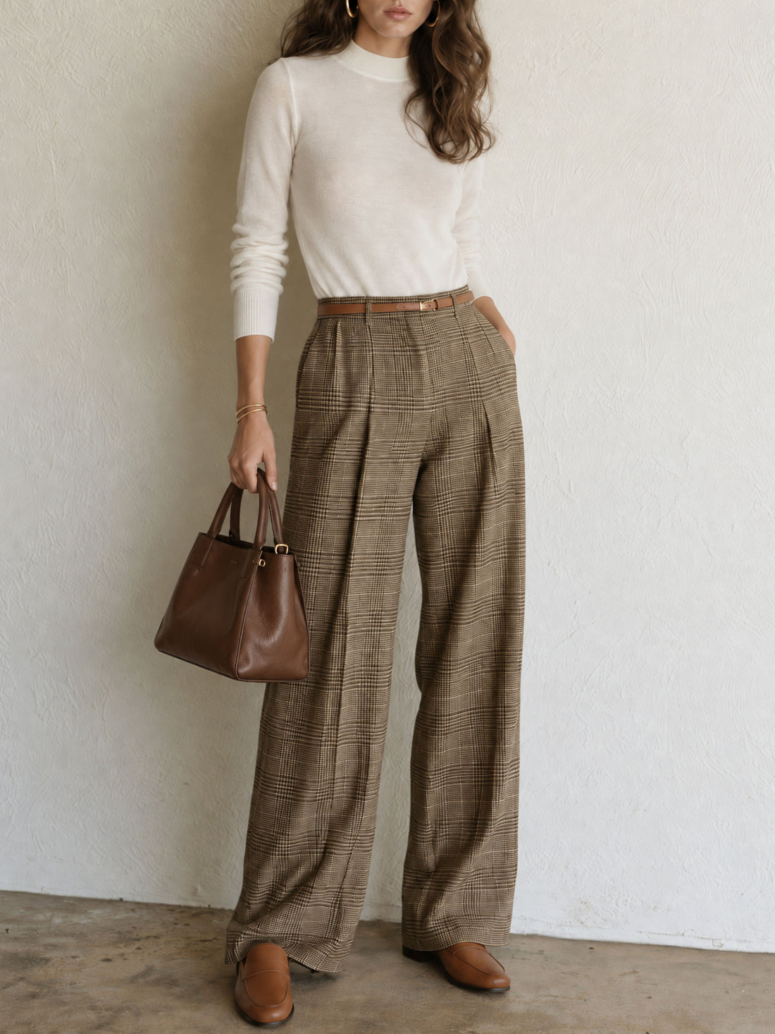 Retro White Knit Long-sleeved Top With Tie And Plaid Wide-leg Pants Set