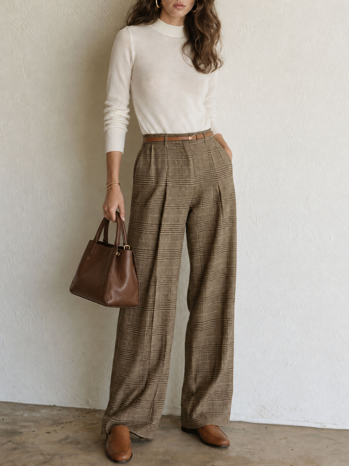 Retro White Knit Long-sleeved Top With Tie And Plaid Wide-leg Pants Set