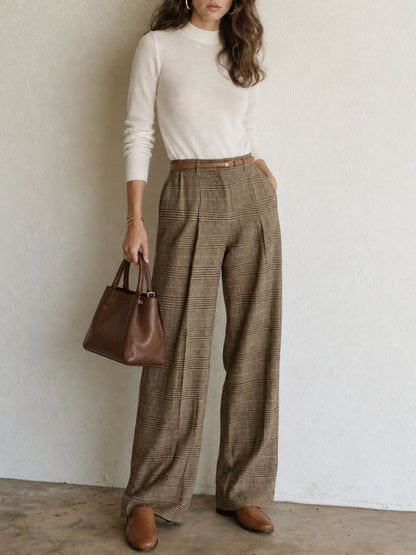 Retro White Knit Long-sleeved Top With Tie And Plaid Wide-leg Pants Set