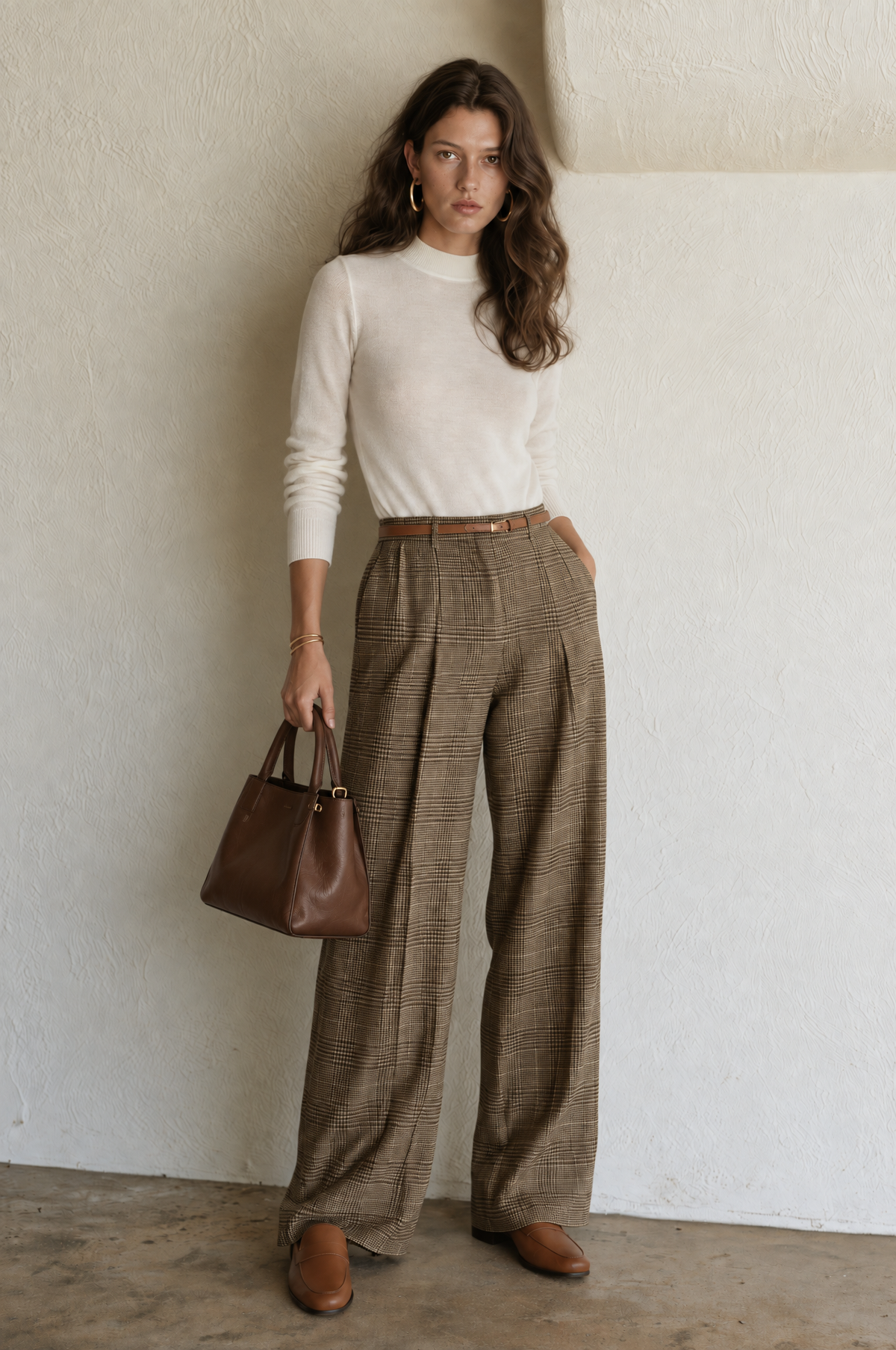 Retro White Knit Long-sleeved Top With Tie And Plaid Wide-leg Pants Set