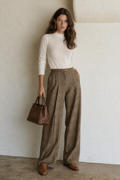 Retro White Knit Long-sleeved Top With Tie And Plaid Wide-leg Pants Set