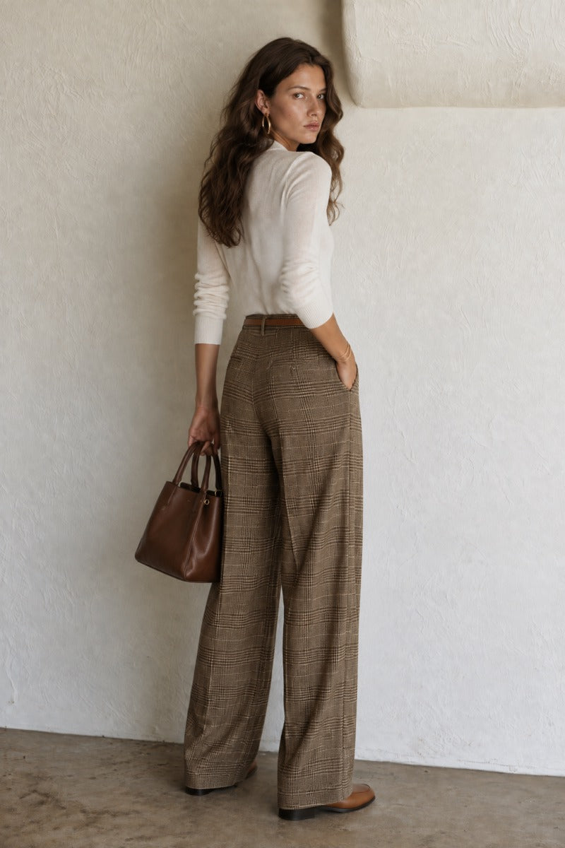 Retro White Knit Long-sleeved Top With Tie And Plaid Wide-leg Pants Set
