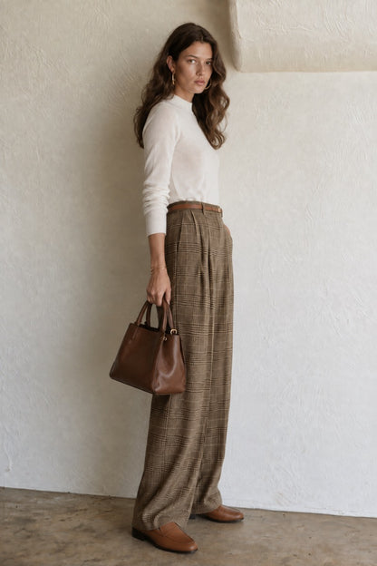 Retro White Knit Long-sleeved Top With Tie And Plaid Wide-leg Pants Set