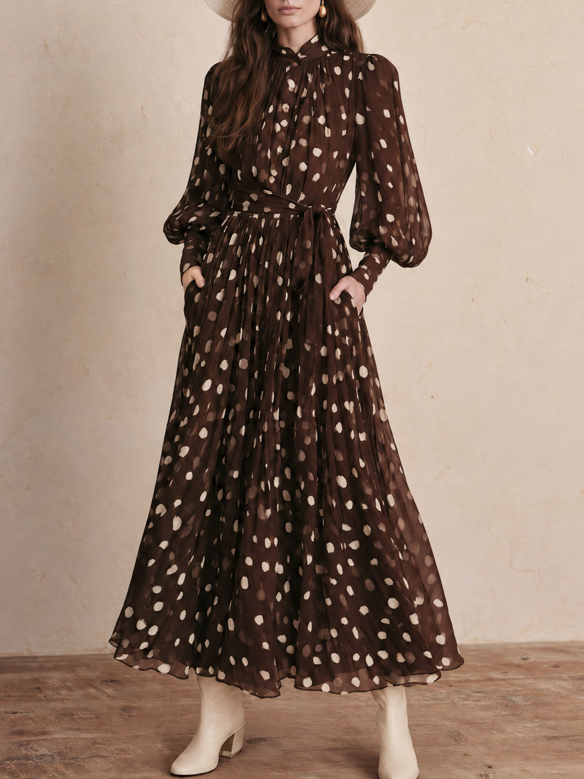 Retro Polka Dot Brown Chiffon Tie-waist Long-sleeved Maxi Dress