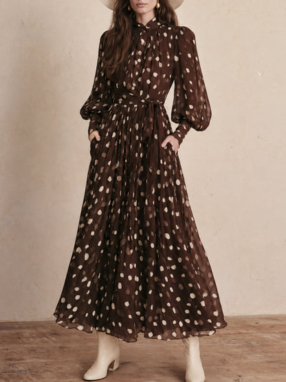 Retro Polka Dot Brown Chiffon Tie-waist Long-sleeved Maxi Dress