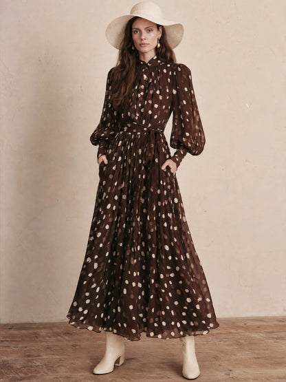 Retro Polka Dot Brown Chiffon Tie-waist Long-sleeved Maxi Dress