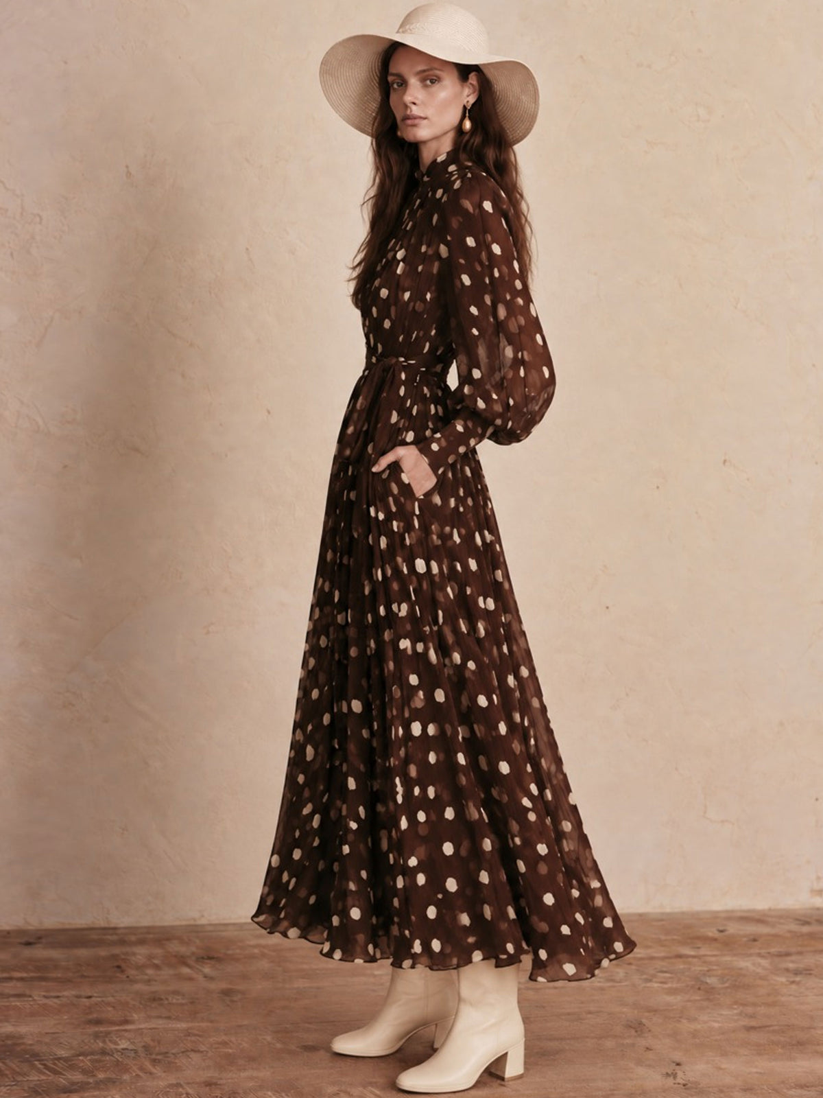 Retro Polka Dot Brown Chiffon Tie-waist Long-sleeved Maxi Dress
