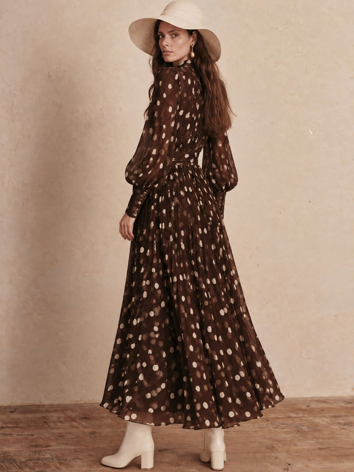 Retro Polka Dot Brown Chiffon Tie-waist Long-sleeved Maxi Dress