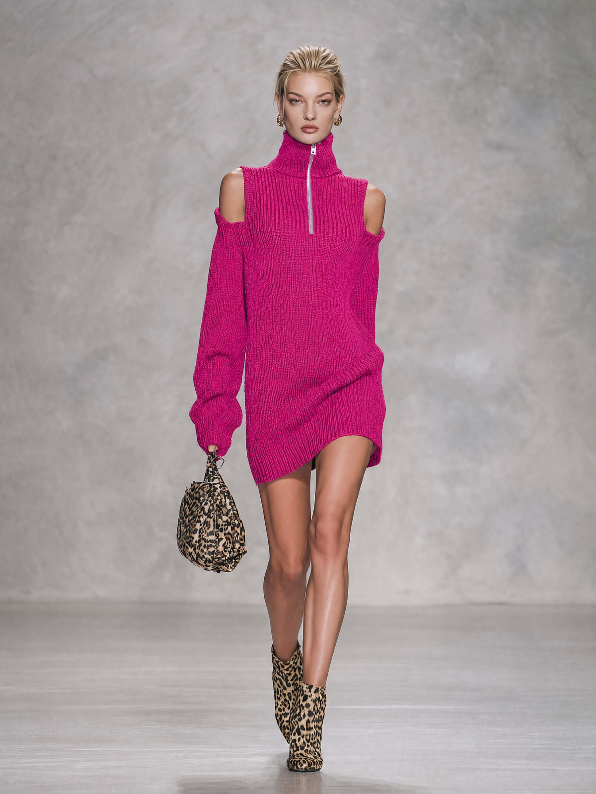 Y2K Chic Hot Pink Cold Shoulder Half Zip Turtleneck Mini Sweater Dress