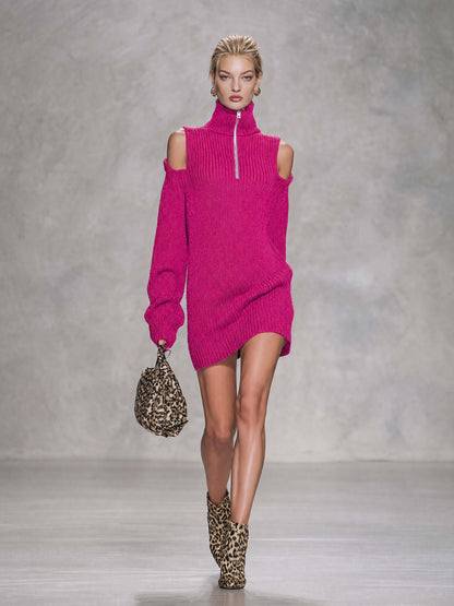 Y2K Chic Hot Pink Cold Shoulder Half Zip Turtleneck Mini Sweater Dress