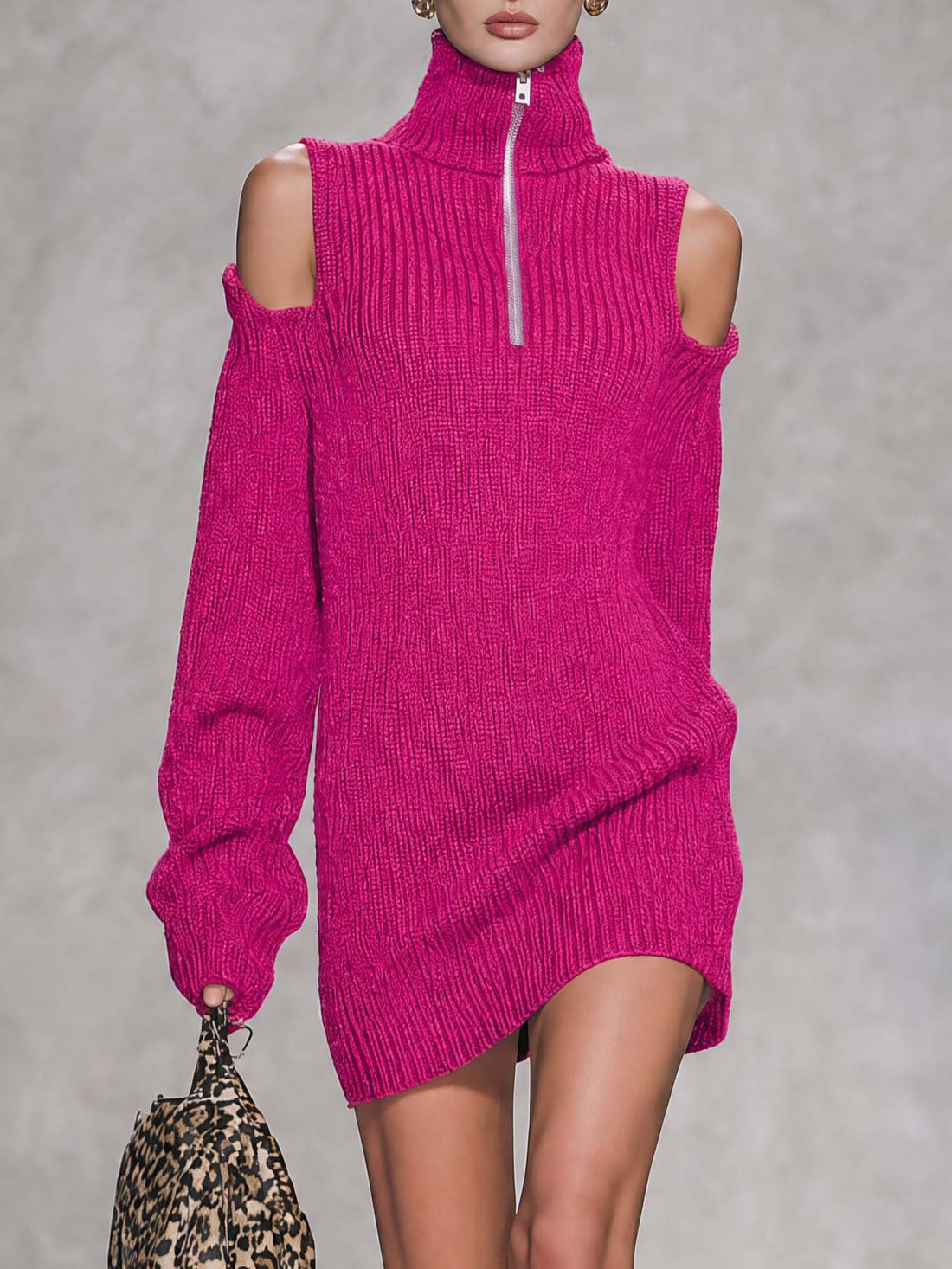 Y2K Chic Hot Pink Cold Shoulder Half Zip Turtleneck Mini Sweater Dress
