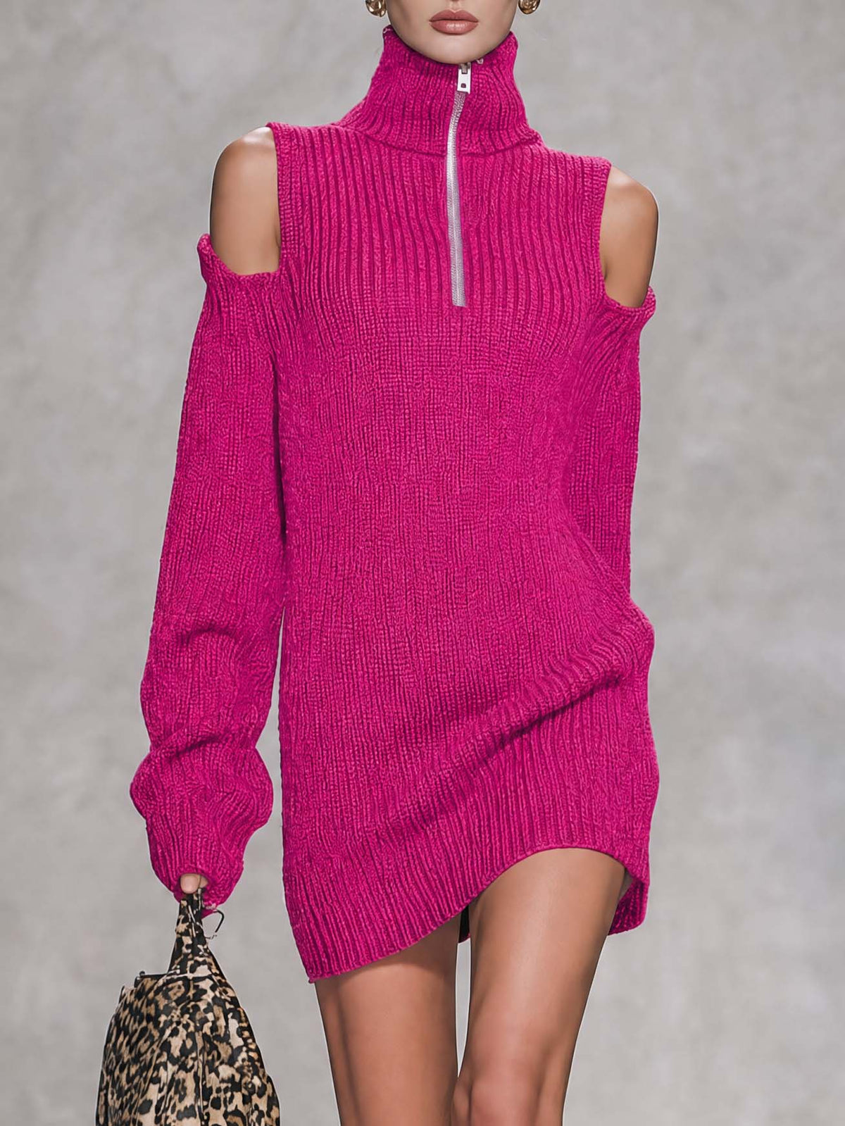 Y2K Chic Hot Pink Cold Shoulder Half Zip Turtleneck Mini Sweater Dress