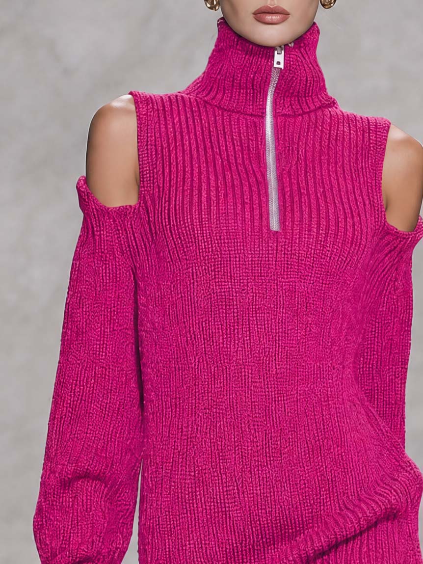Y2K Chic Hot Pink Cold Shoulder Half Zip Turtleneck Mini Sweater Dress