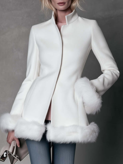 Elegant White Wool Blend Coat Faux Fur Trim Stand Collar Dressy Overcoat