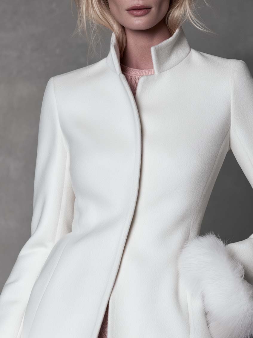 Elegant White Wool Blend Coat Faux Fur Trim Stand Collar Dressy Overcoat