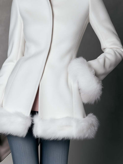 Elegant White Wool Blend Coat Faux Fur Trim Stand Collar Dressy Overcoat