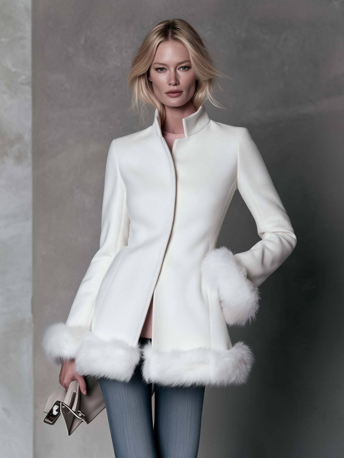 Elegant White Wool Blend Coat Faux Fur Trim Stand Collar Dressy Overcoat