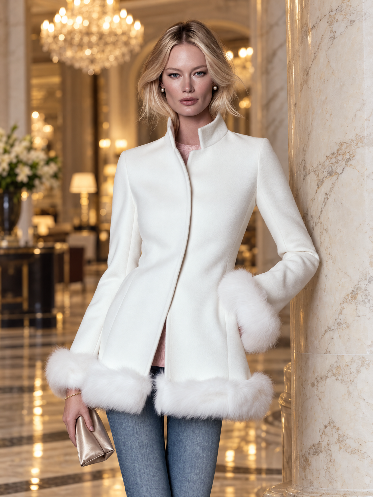 Elegant White Wool Blend Coat Faux Fur Trim Stand Collar Dressy Overcoat
