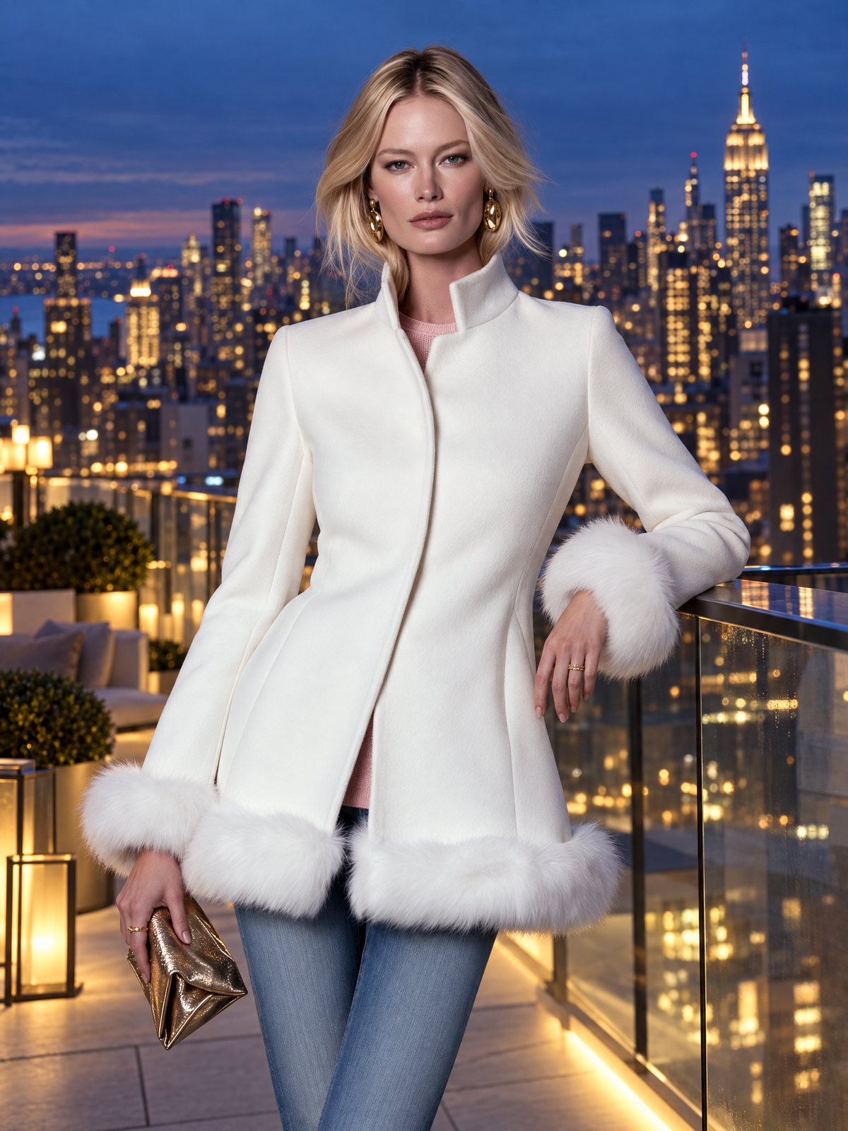 Elegant White Wool Blend Coat Faux Fur Trim Stand Collar Dressy Overcoat