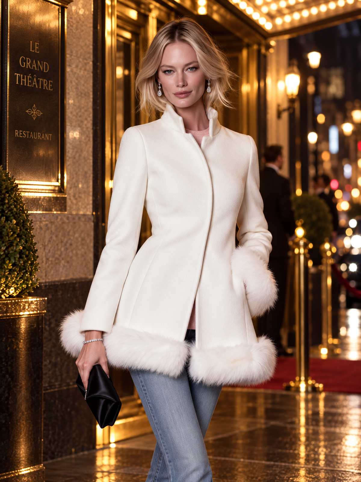 Elegant White Wool Blend Coat Faux Fur Trim Stand Collar Dressy Overcoat