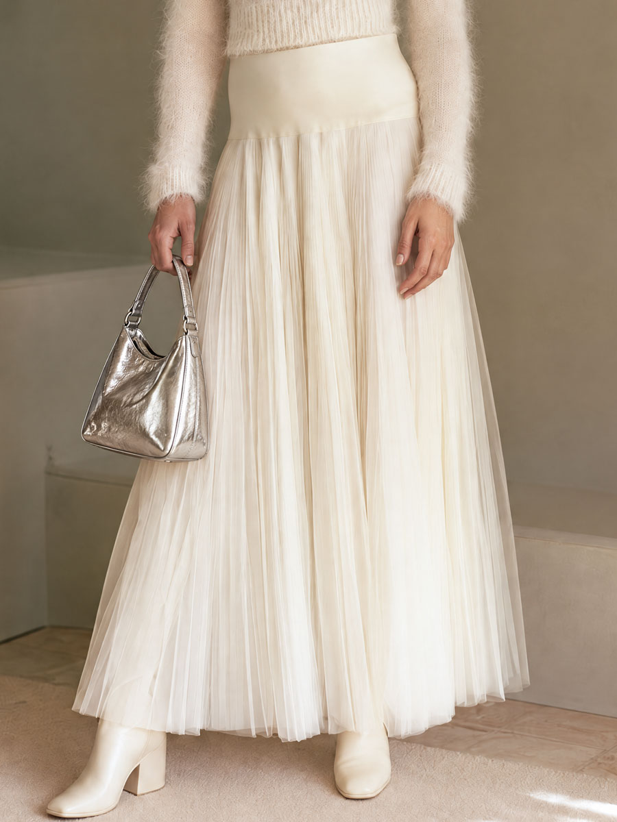 Elegant Satin And Patchwork Off-white Tulle Pleated Midi Skirt