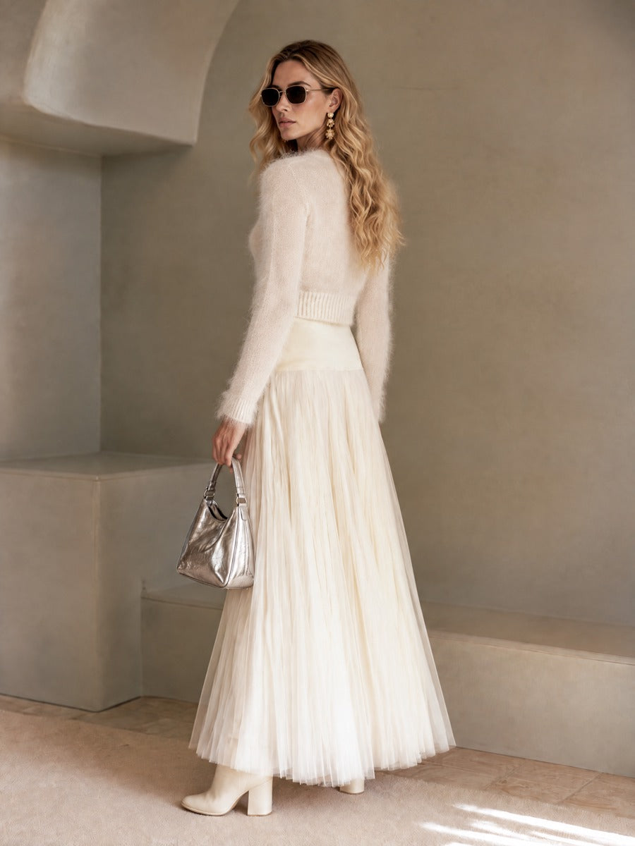 Elegant Satin And Patchwork Off-white Tulle Pleated Midi Skirt