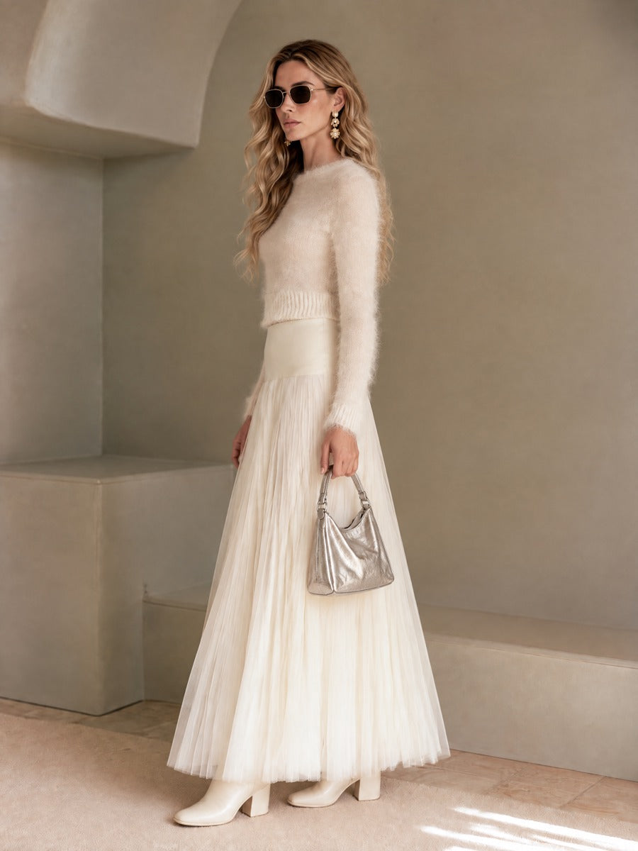 Elegant Satin And Patchwork Off-white Tulle Pleated Midi Skirt