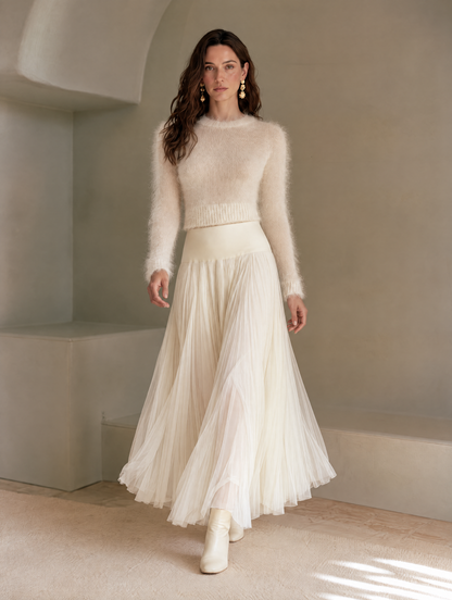 Elegant Off-white Mohair Knit Crew Neck Pullover Sweater