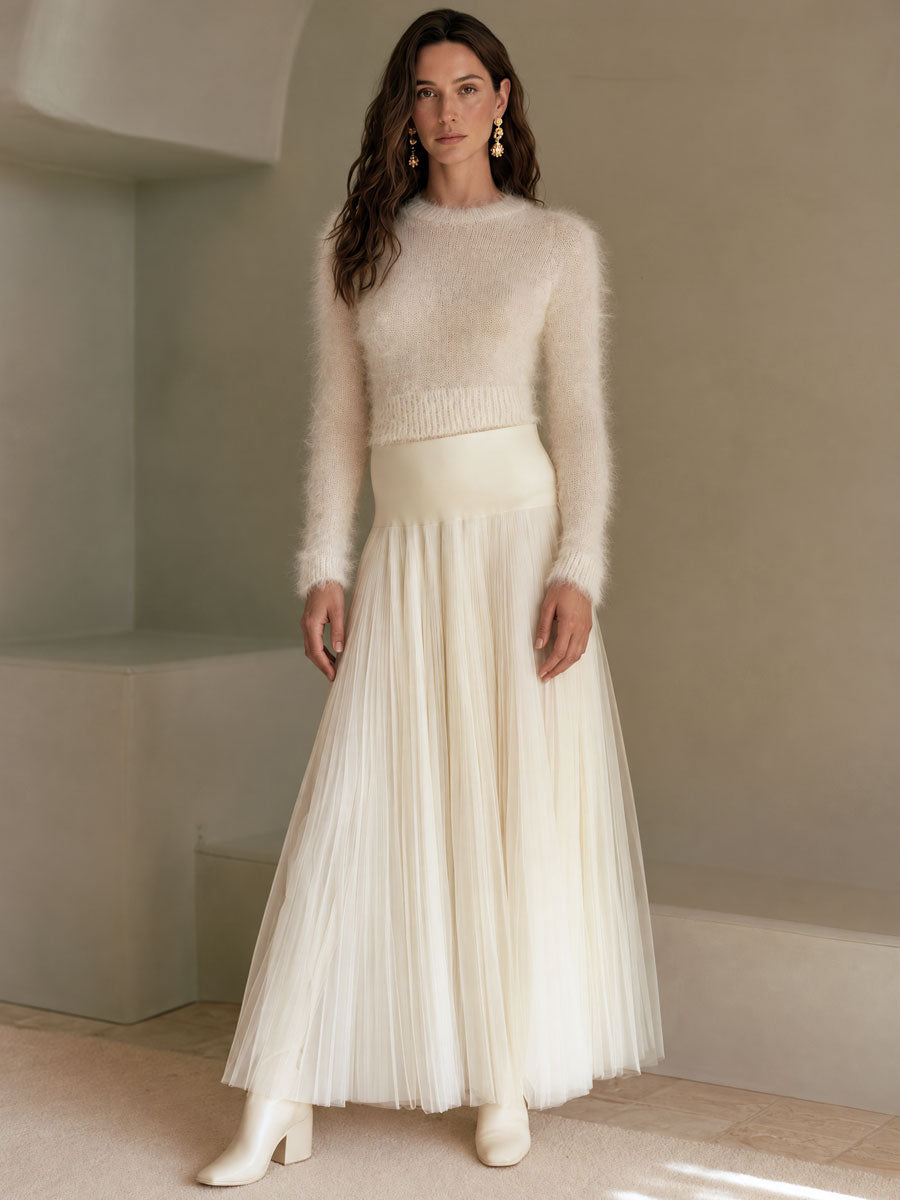 Elegant Off-white Mohair Knit Crew Neck Pullover Sweater