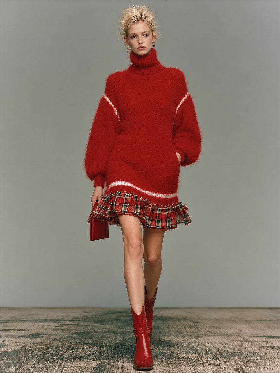Retro Sweet Red Turtleneck Mohair Knit Plaid Ruffle-Hem Mini Dress