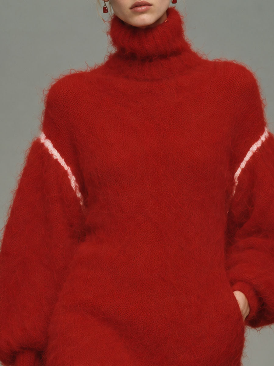 Retro Sweet Red Turtleneck Mohair Knit Plaid Ruffle-Hem Mini Dress
