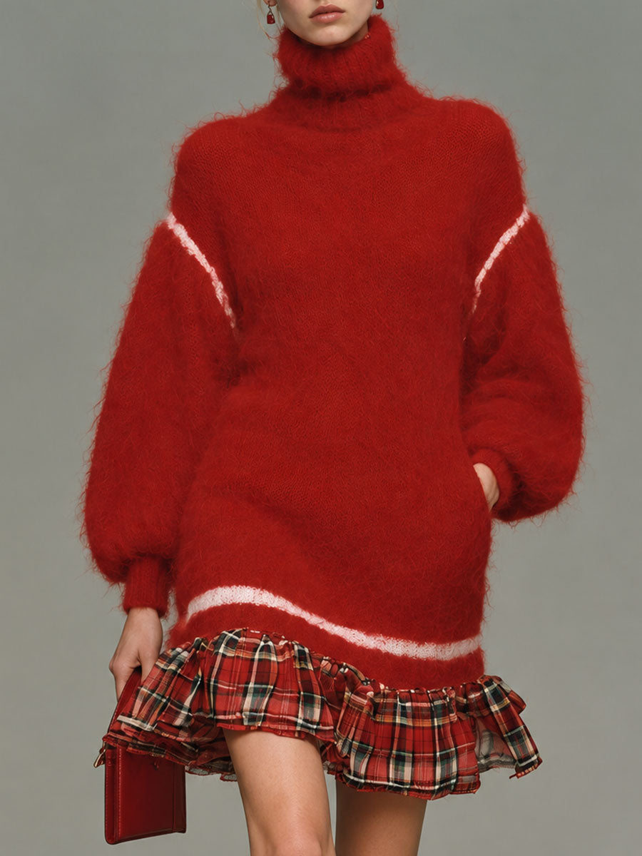 Retro Sweet Red Turtleneck Mohair Knit Plaid Ruffle-Hem Mini Dress