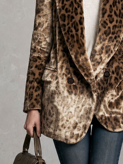 Retro Elegant Brown Leopard-Print Velvet Double-Breasted Peak-Lapel Blazer