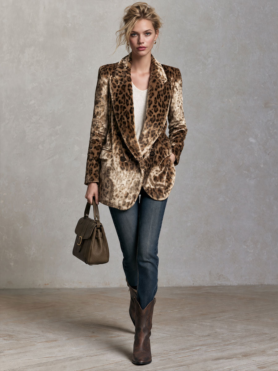 Retro Elegant Brown Leopard-Print Velvet Double-Breasted Peak-Lapel Blazer