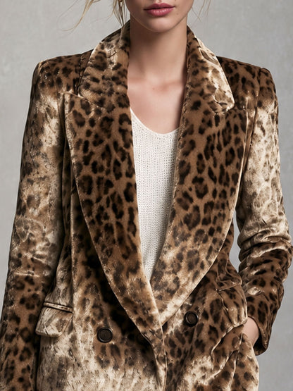 Retro Elegant Brown Leopard-Print Velvet Double-Breasted Peak-Lapel Blazer
