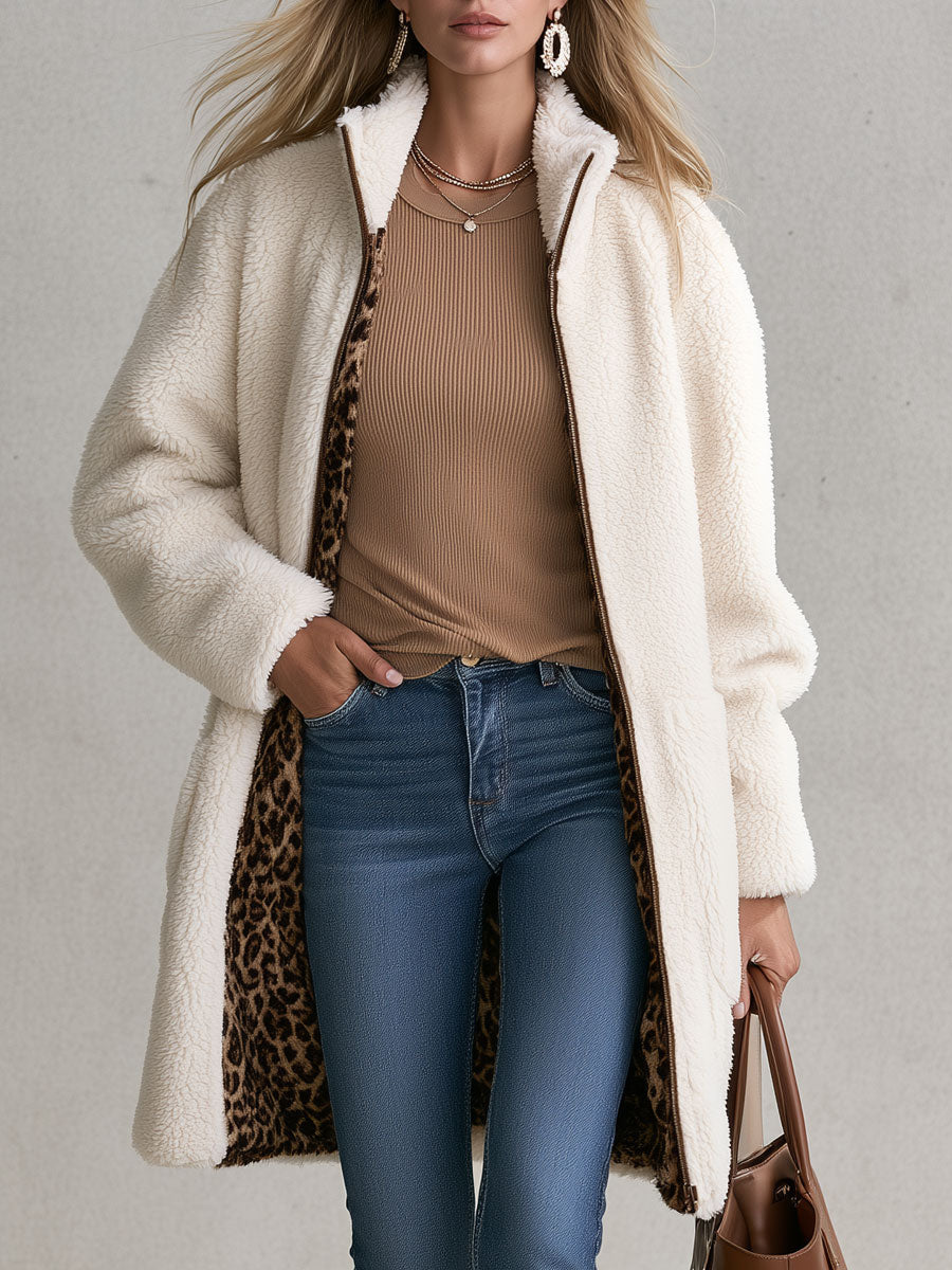 Casual And Stylish Velvet Leopard Print White Fleece Zip-up Mid-length Coat