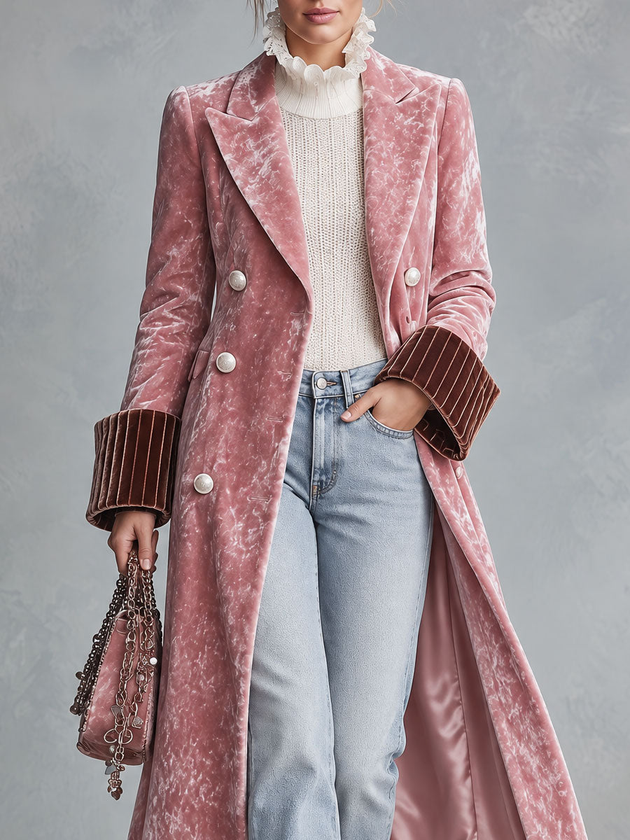 Retro Elegant Pink Crushed Velvet Contrast-Cuff Double-Breasted Long Coat