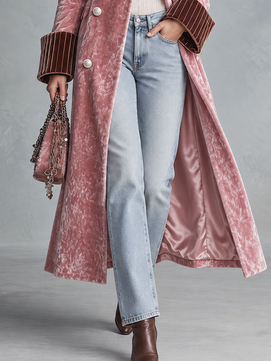 Retro Elegant Pink Crushed Velvet Contrast-Cuff Double-Breasted Long Coat