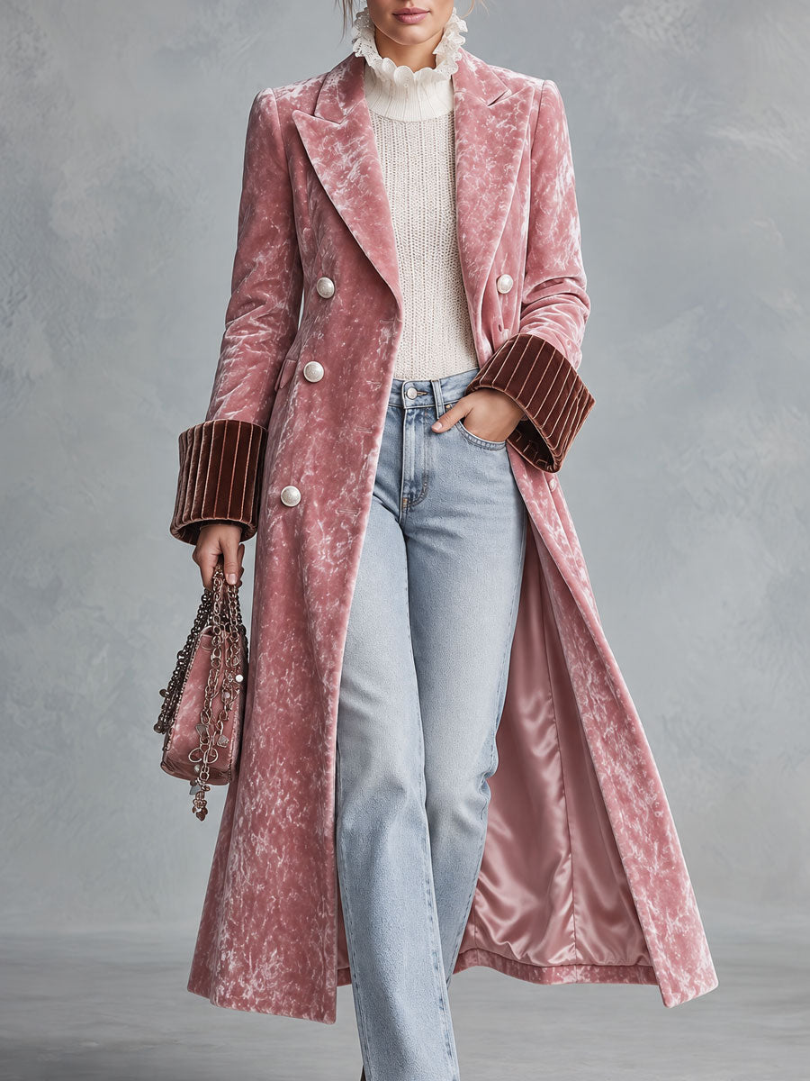 Retro Elegant Pink Crushed Velvet Contrast-Cuff Double-Breasted Long Coat