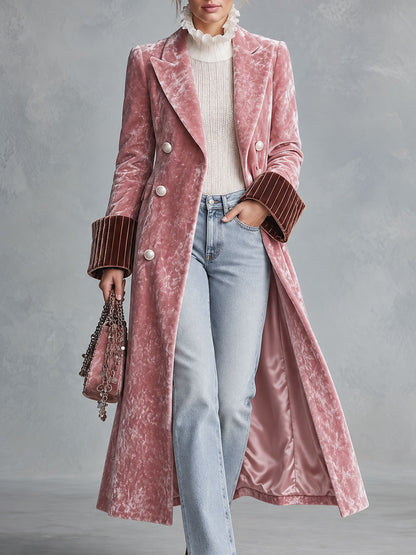 Retro Elegant Pink Crushed Velvet Contrast-Cuff Double-Breasted Long Coat