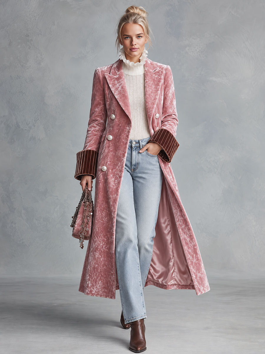 Retro Elegant Pink Crushed Velvet Contrast-Cuff Double-Breasted Long Coat