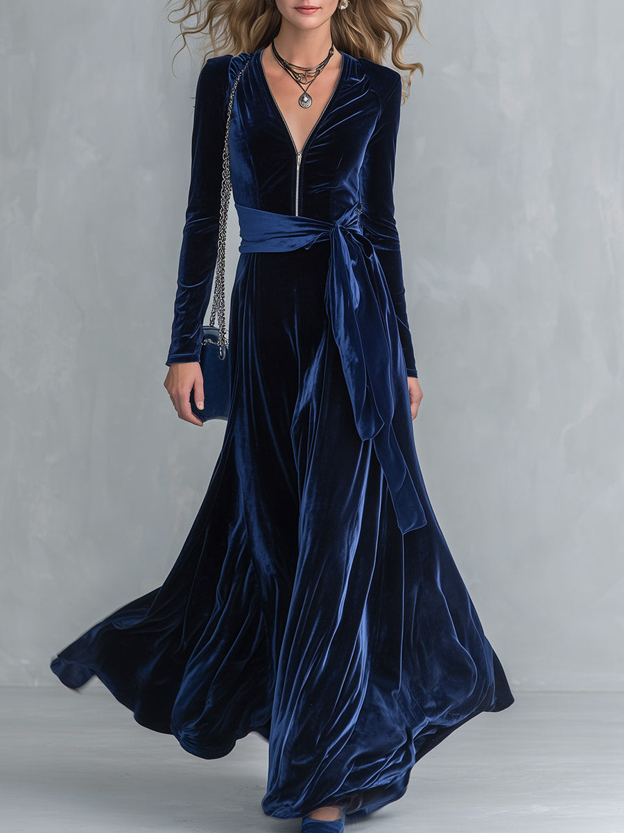 Minimalist Sophisticated Deep Blue Belted V-neck Maxi Dress